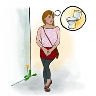 Eine Frau kreuzt die Beine übereinander und hält sich den Schritt. In einer Gedankenblase ist eine Toilette abgebildet.